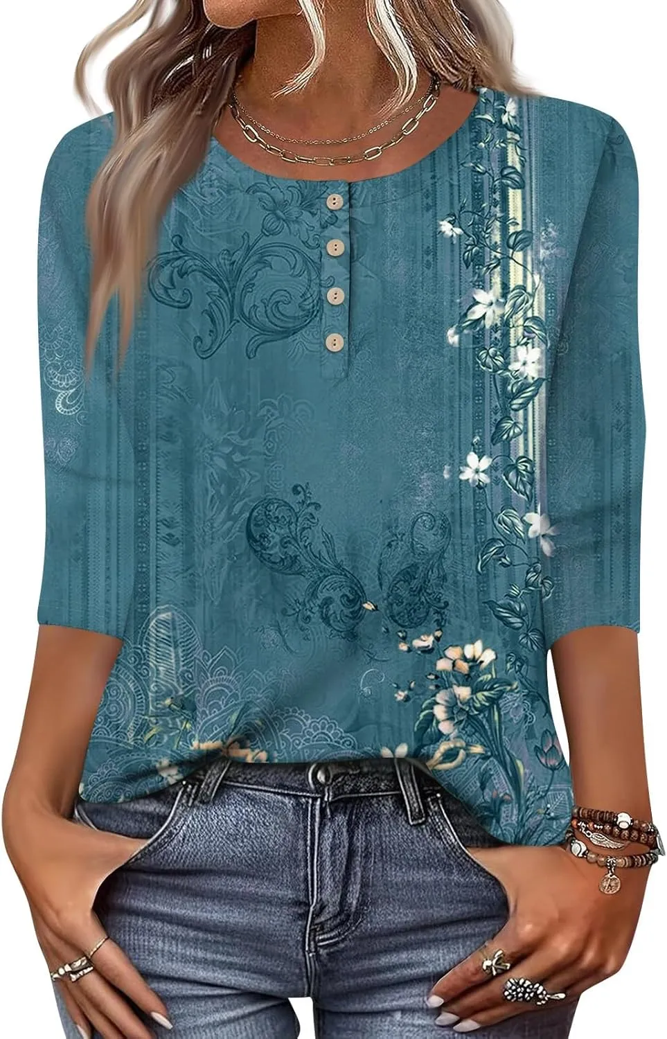 3/4 Length Sleeve Womens Summer Tops 2025 Button Crew Neck Blouses Dressy Casual Loose Fit Floral/Patriotic Shirts