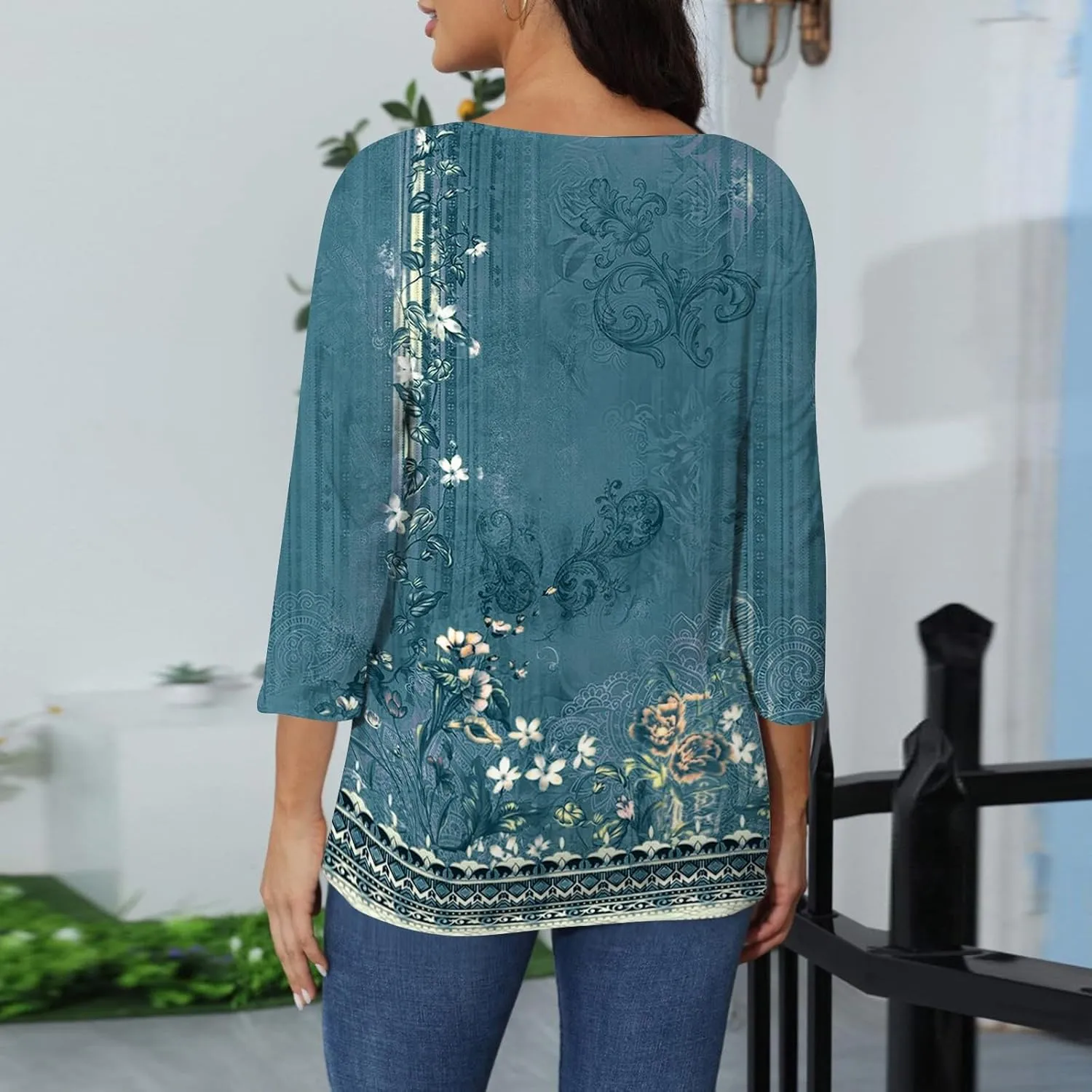 3/4 Length Sleeve Womens Summer Tops 2025 Button Crew Neck Blouses Dressy Casual Loose Fit Floral/Patriotic Shirts