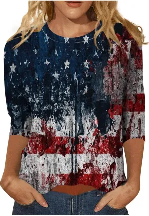 3/4 Length Sleeve Womens Tops 2024 Floral Print Vintage Casual Loose with Round Neck Plus Size Shirts