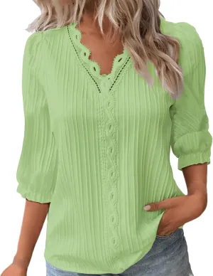 3/4 Length Sleeve Womens Tops 2025 Dressy Casual V Neck Tshirts Trendy Puff Short Sleeve Loose Fit Hollow Blouses
