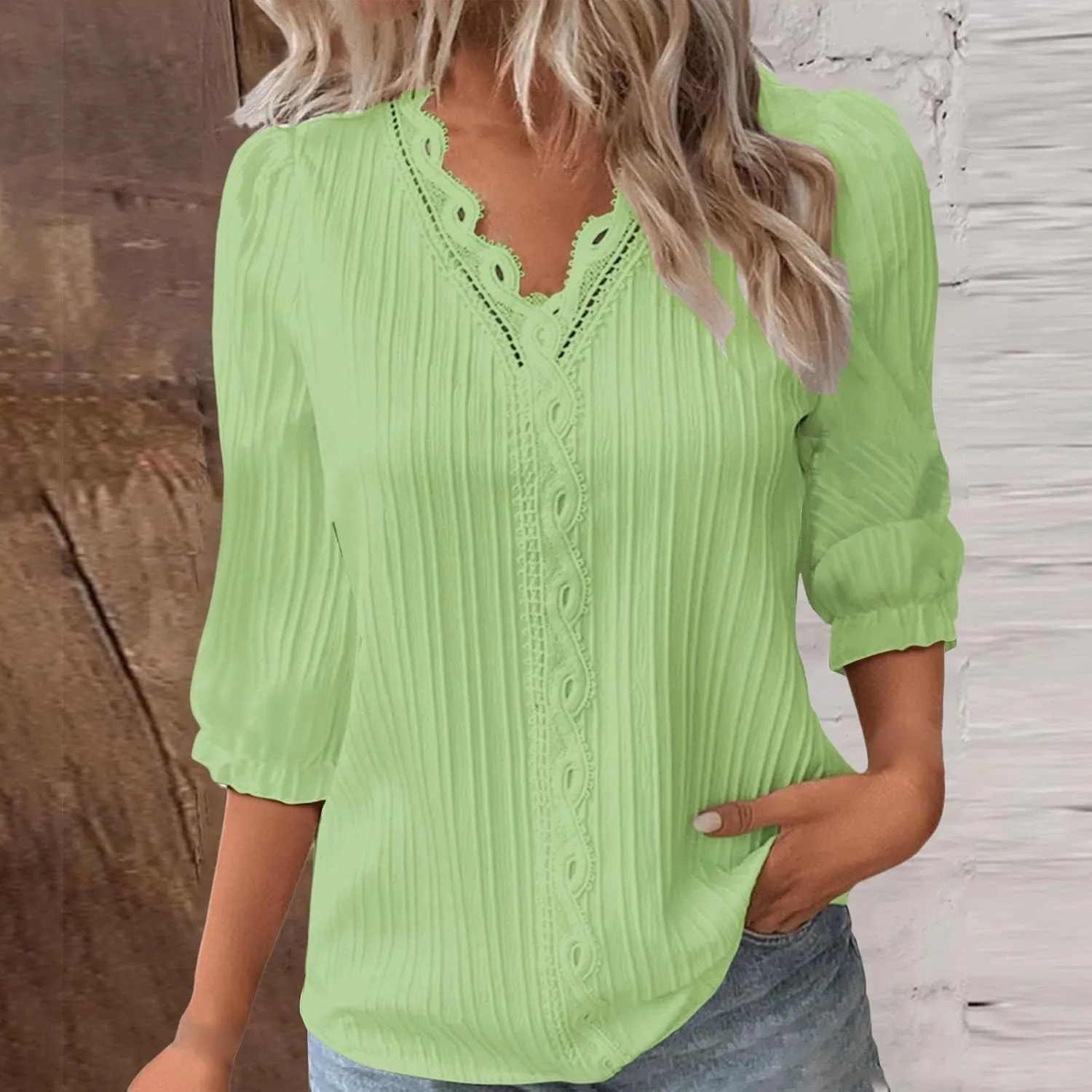 3/4 Length Sleeve Womens Tops 2025 Dressy Casual V Neck Tshirts Trendy Puff Short Sleeve Loose Fit Hollow Blouses