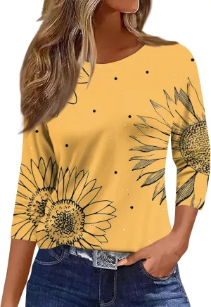 3/4 Length Sleeve Womens Tops 2025 Summer Crew Neck Shirts Three Quarter Sleeve Petite Tshirts