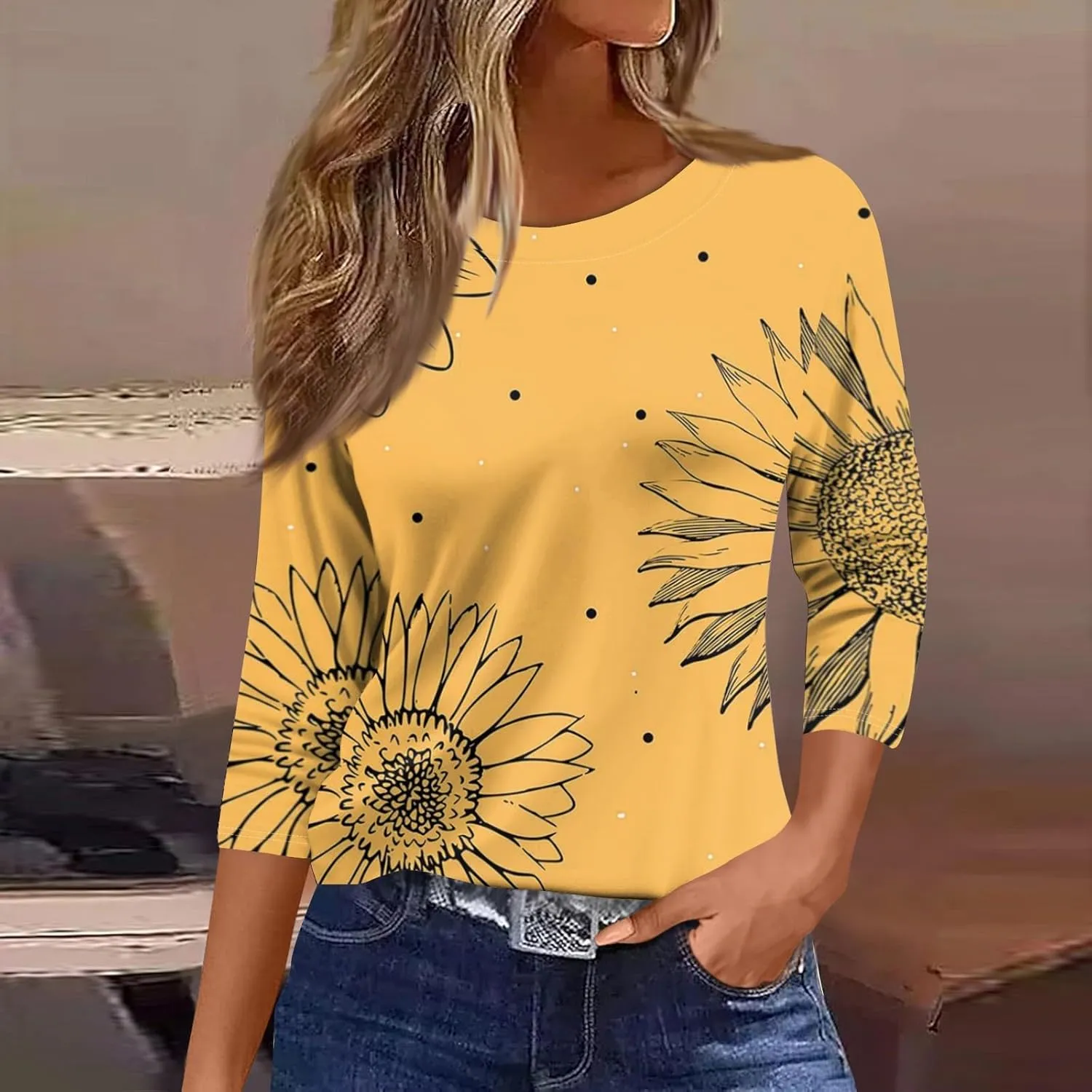 3/4 Length Sleeve Womens Tops 2025 Summer Crew Neck Shirts Three Quarter Sleeve Petite Tshirts