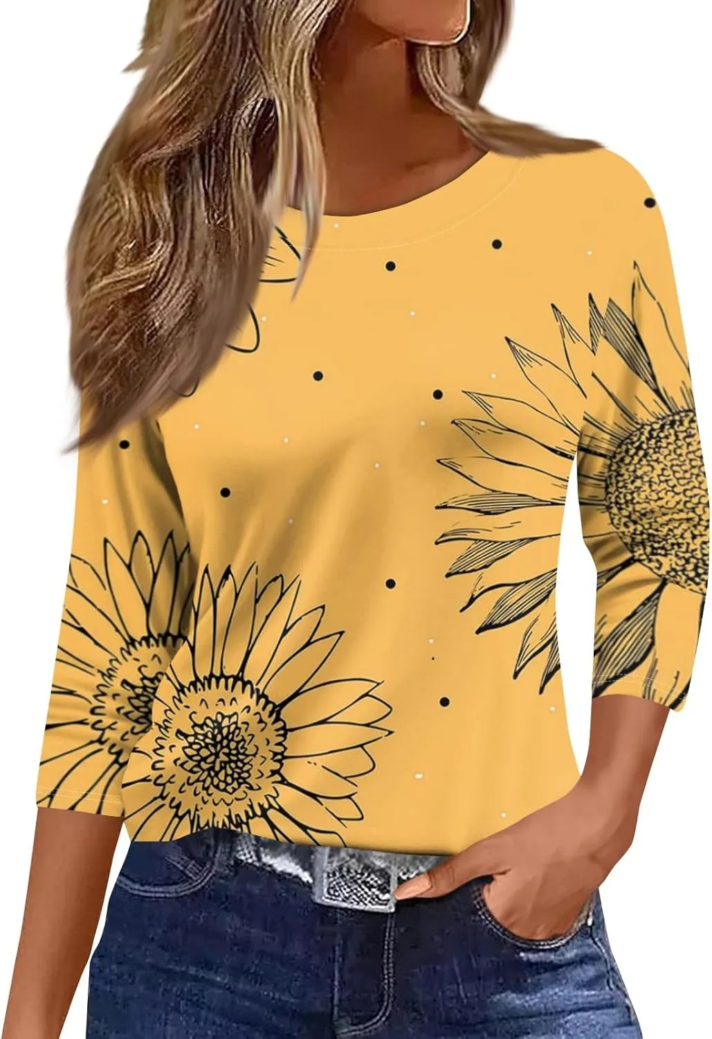 3/4 Length Sleeve Womens Tops 2025 Summer Crew Neck Shirts Three Quarter Sleeve Petite Tshirts