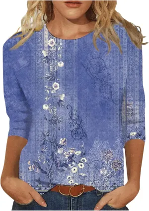 3/4 Length Sleeve Womens Tops 2025 Summer Print Round Neck Shirts Loose Fit Casual Three Quarter Sleeve Tshirts