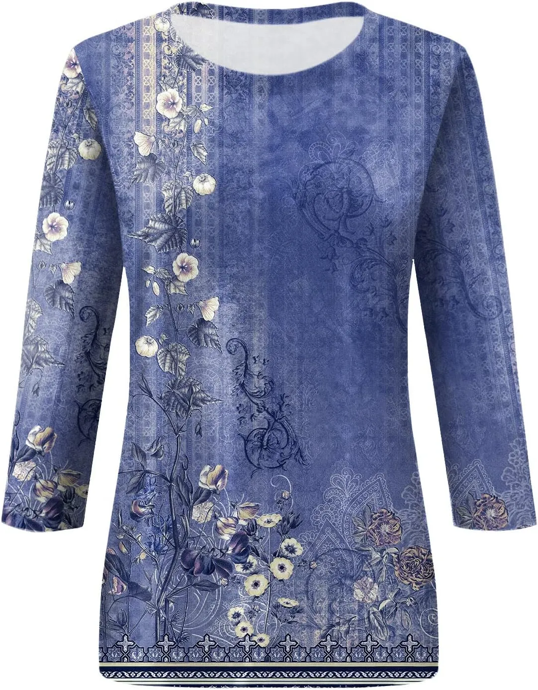 3/4 Length Sleeve Womens Tops 2025 Summer Print Round Neck Shirts Loose Fit Casual Three Quarter Sleeve Tshirts