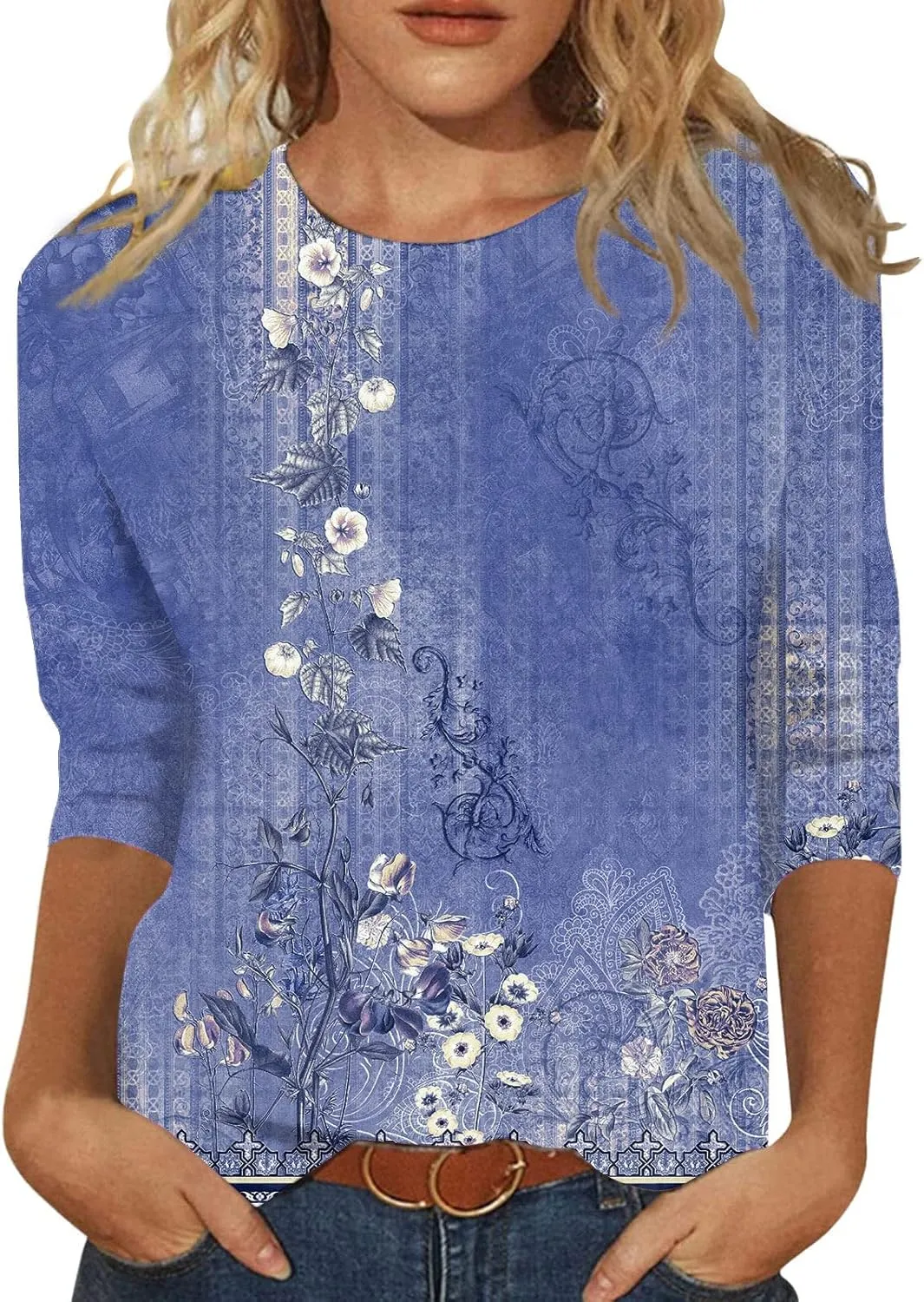 3/4 Length Sleeve Womens Tops 2025 Summer Print Round Neck Shirts Loose Fit Casual Three Quarter Sleeve Tshirts
