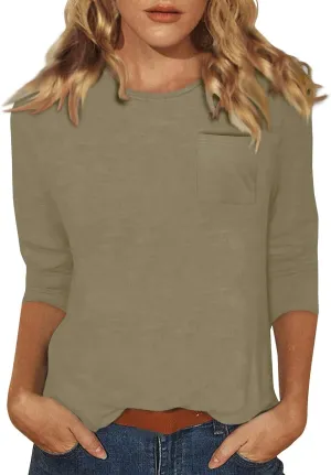 3/4 Length Sleeve Womens Tops Casual Loose Fit Crewneck T Shirts Cute Solid Summer Tops 2024