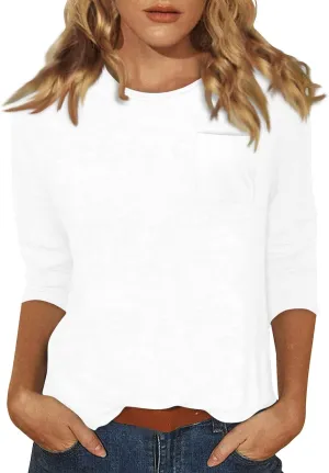 3/4 Length Sleeve Womens Tops Casual Loose Fit Crewneck T Shirts Cute Solid Summer Tops 2024