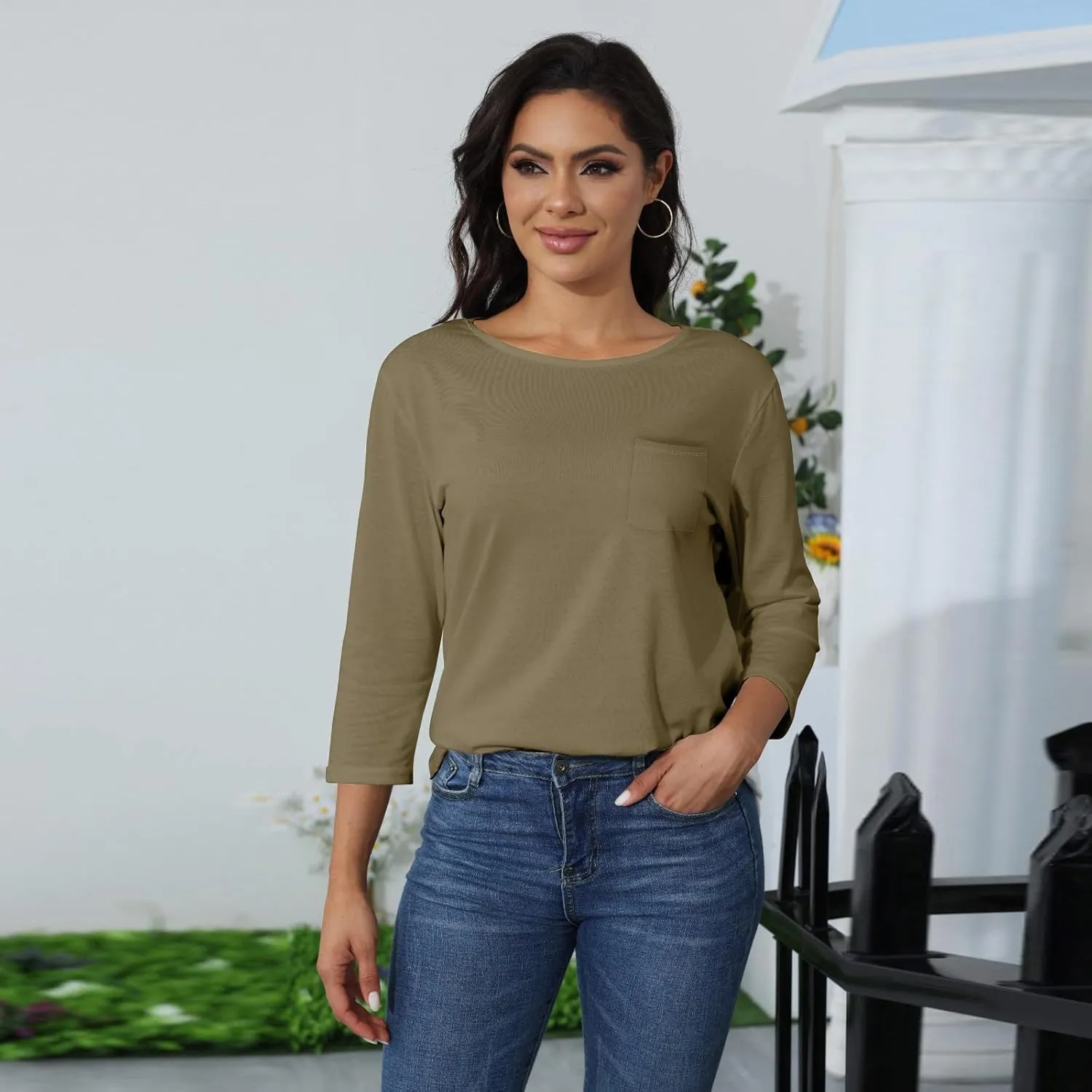 3/4 Length Sleeve Womens Tops Casual Loose Fit Crewneck T Shirts Cute Solid Summer Tops 2024