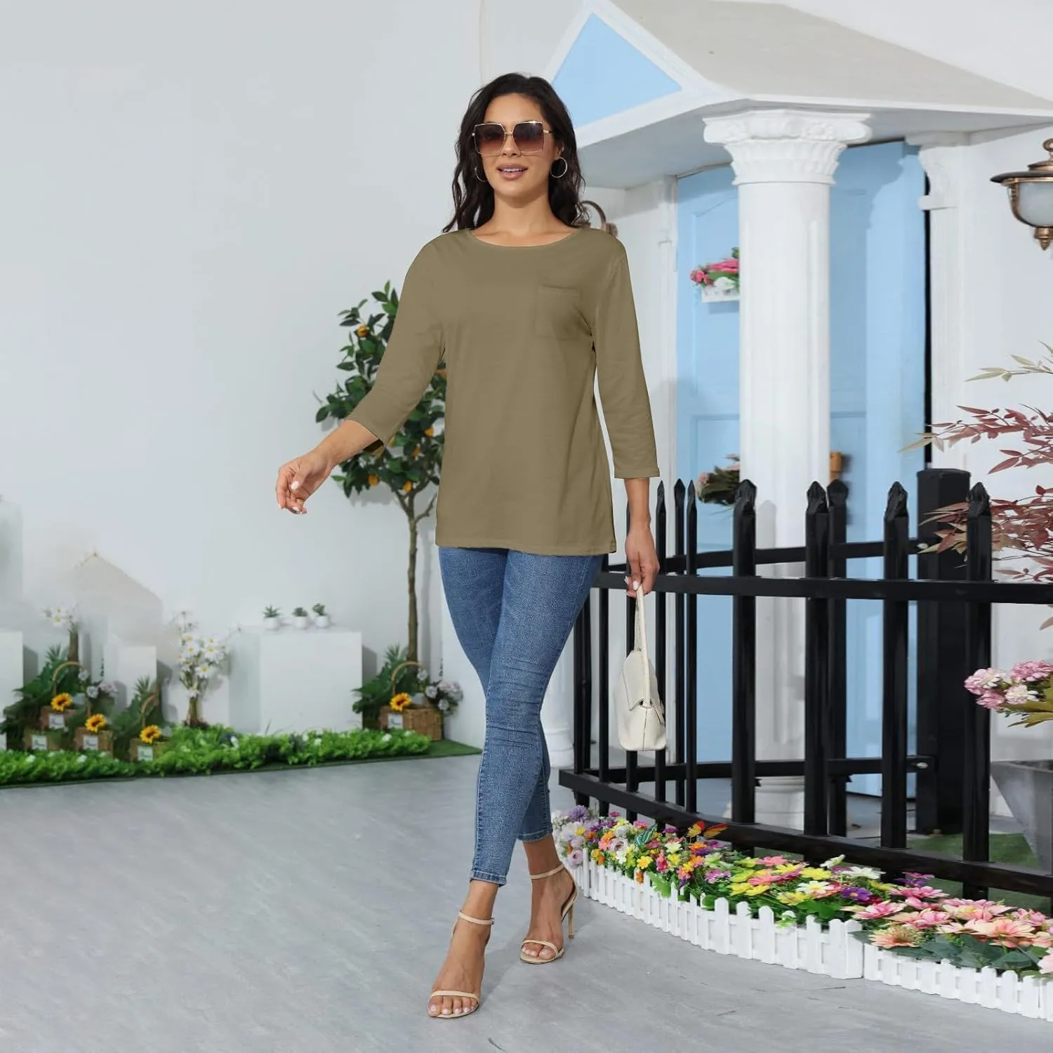 3/4 Length Sleeve Womens Tops Casual Loose Fit Crewneck T Shirts Cute Solid Summer Tops 2024
