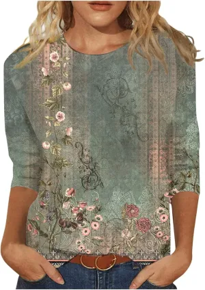 3/4 Length Sleeve Womens Tops Trendy Boho Floral Print Tunic Tops Dressy Casual Round Neck Loose Blouse