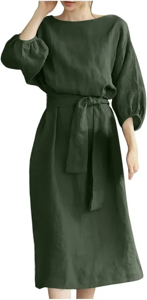 3/4 Sleeve Linen Dress for Women Tie Waist Midi Dress Casual Plus Size Summer Dresses Trendy Beach Vacation Outfits