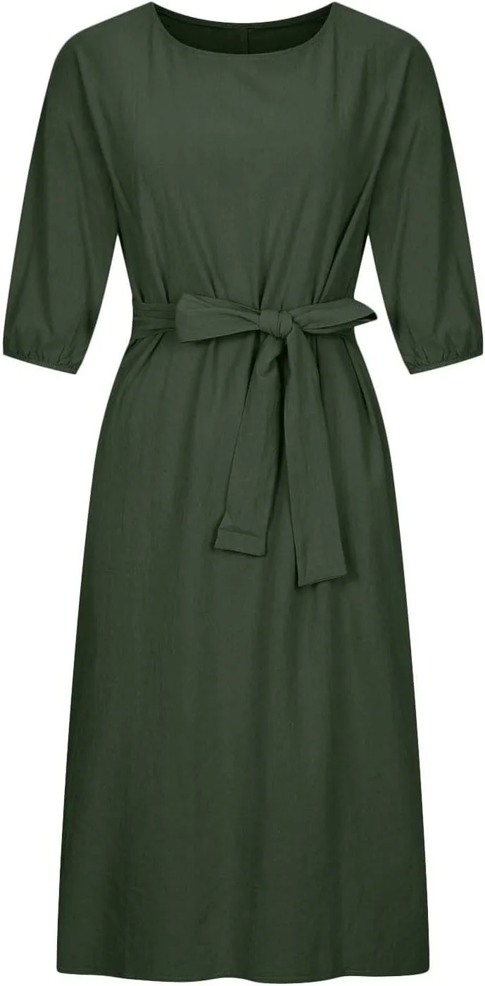 3/4 Sleeve Linen Dress for Women Tie Waist Midi Dress Casual Plus Size Summer Dresses Trendy Beach Vacation Outfits
