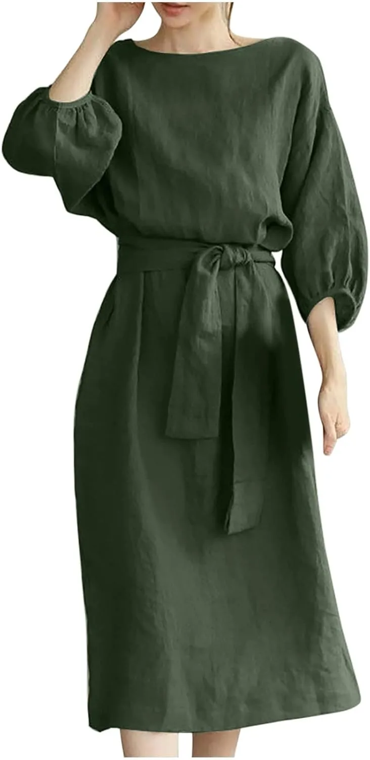 3/4 Sleeve Linen Dress for Women Tie Waist Midi Dress Casual Plus Size Summer Dresses Trendy Beach Vacation Outfits