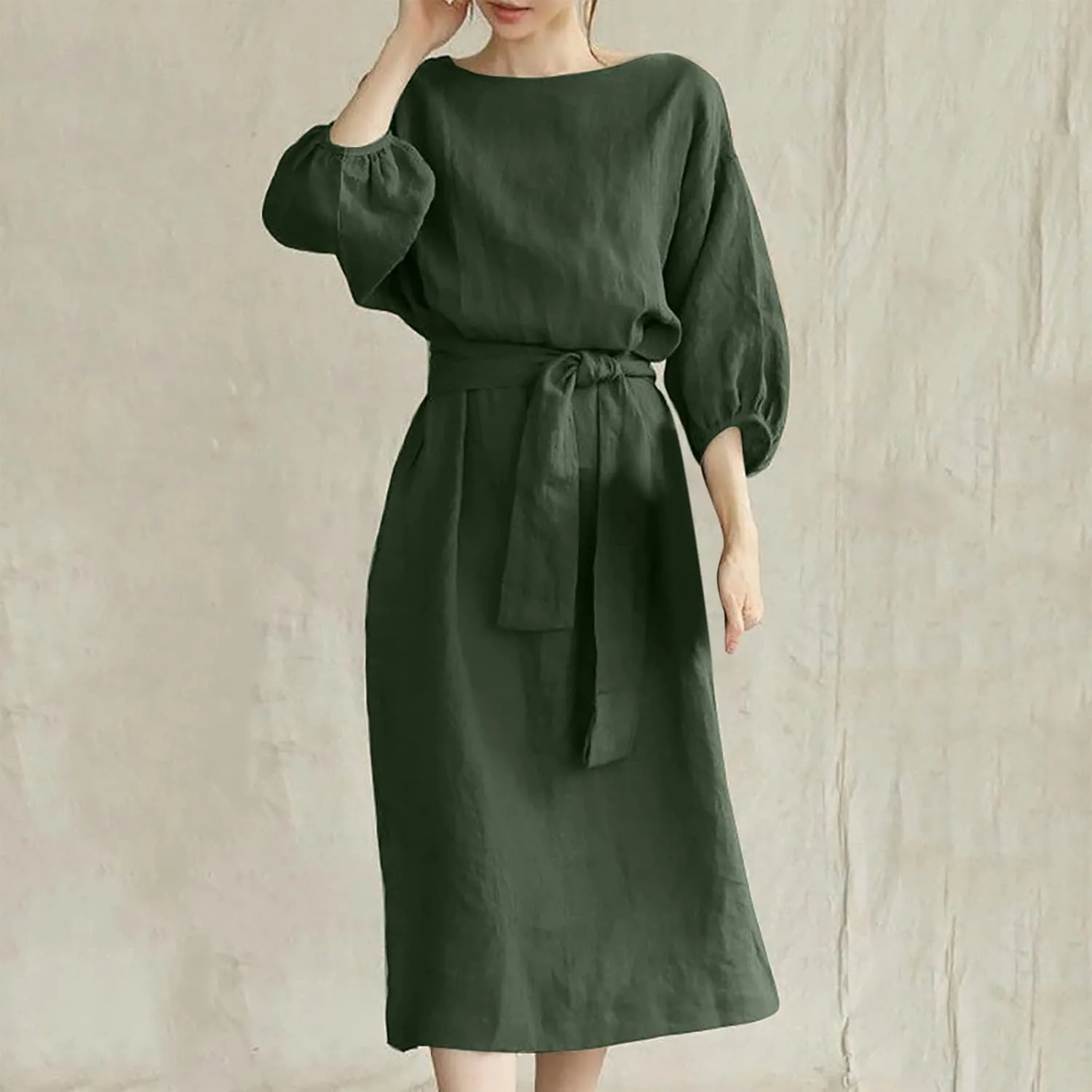 3/4 Sleeve Linen Dress for Women Tie Waist Midi Dress Casual Plus Size Summer Dresses Trendy Beach Vacation Outfits