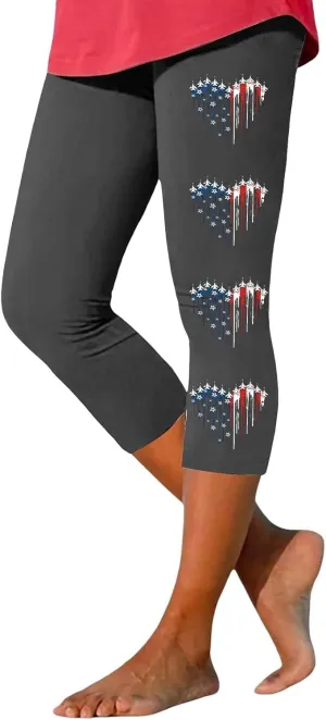 4th of July Capri Leggings for Women Summer High Waist American Flag Yoga Pants Patriotic Cropped Trousers with Pockets
