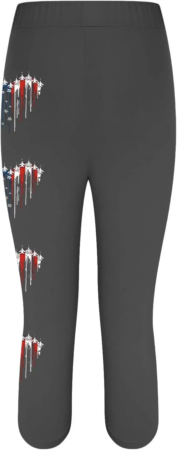 4th of July Capri Leggings for Women Summer High Waist American Flag Yoga Pants Patriotic Cropped Trousers with Pockets