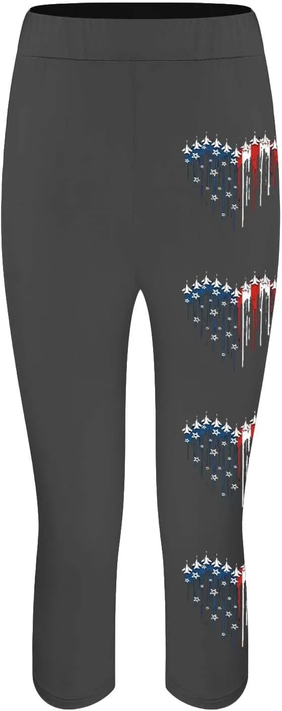 4th of July Capri Leggings for Women Summer High Waist American Flag Yoga Pants Patriotic Cropped Trousers with Pockets