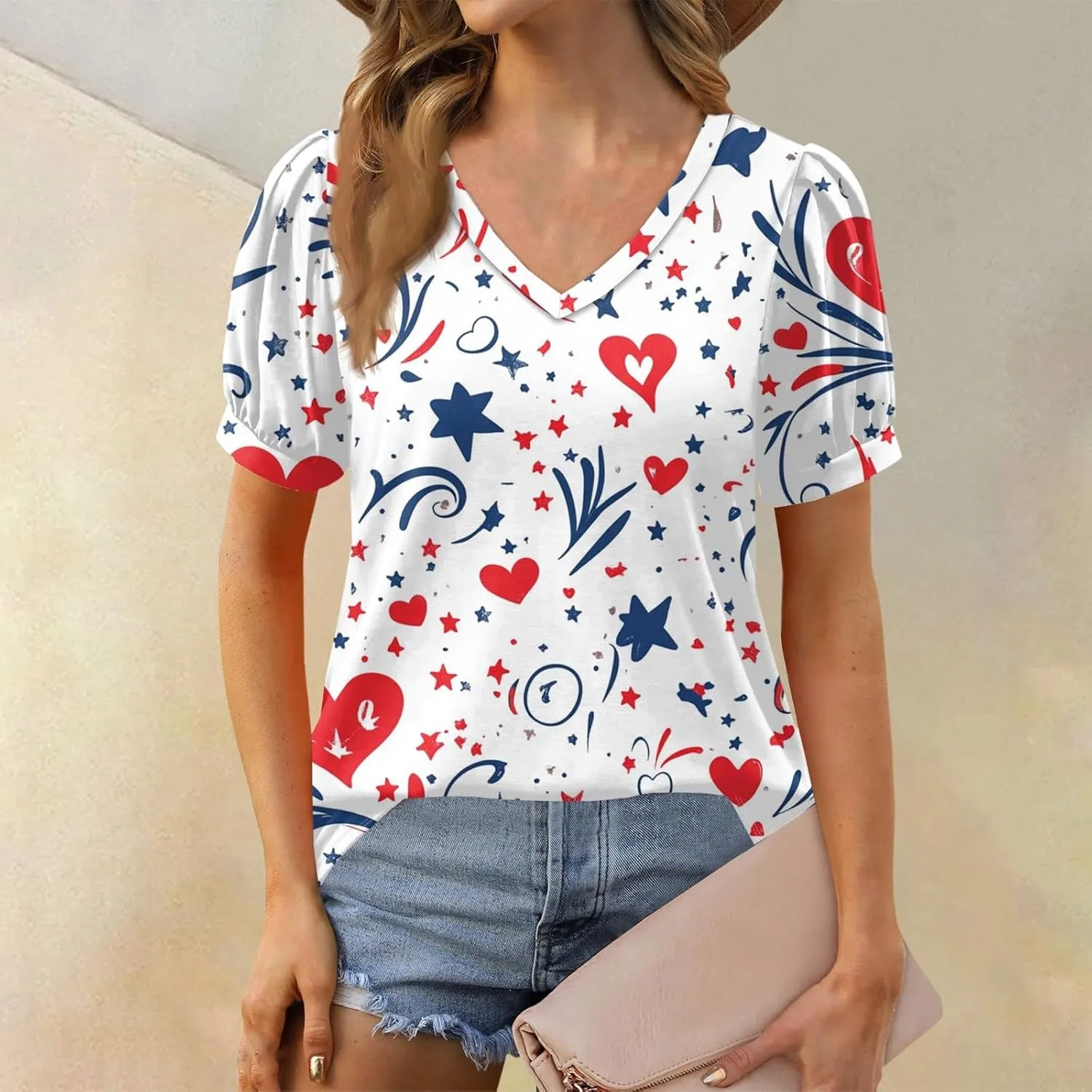 4th of July Tops for Women American Flag Short Sleeve V-Neck Patriotic Shirts Memorial Day USA Blouse