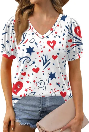 4th of July Tops for Women American Flag Short Sleeve V-Neck Patriotic Shirts Memorial Day USA Blouse