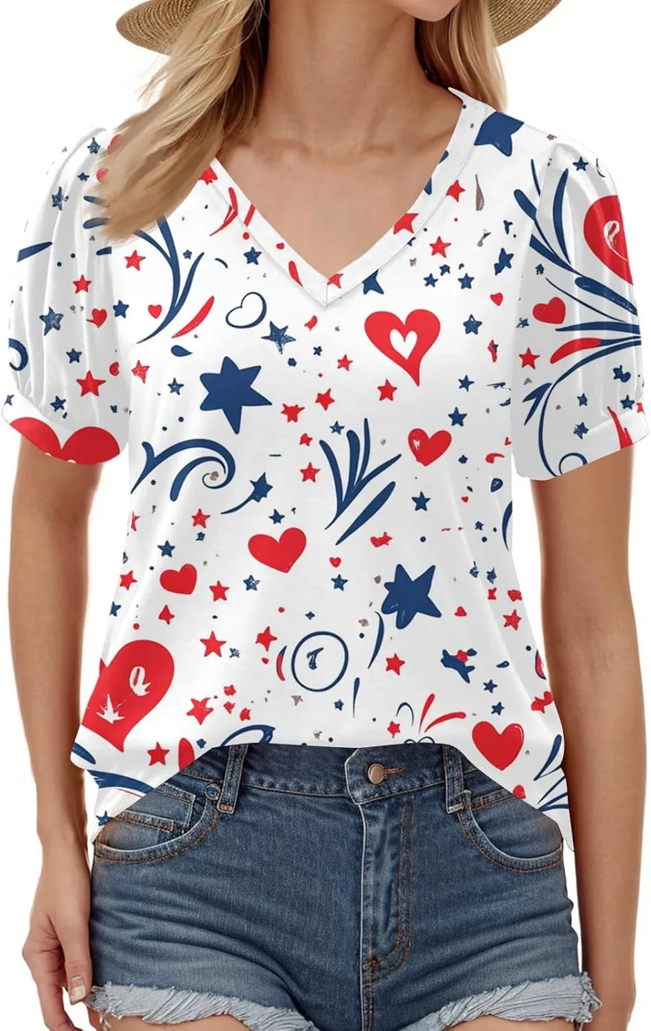 4th of July Tops for Women American Flag Short Sleeve V-Neck Patriotic Shirts Memorial Day USA Blouse