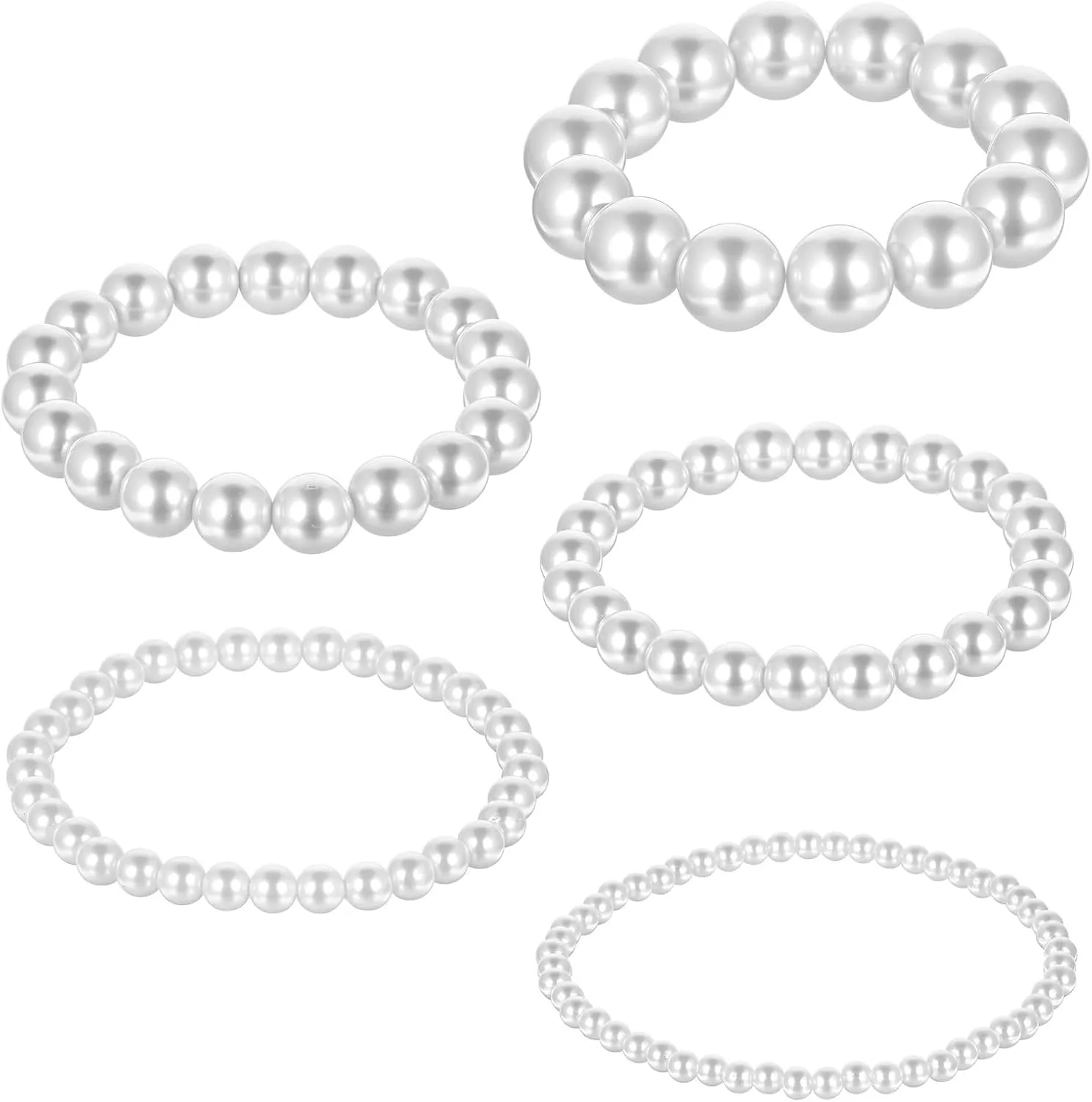 5 Pcs Bridesmaid Beaded Bracelets White Pearl Bracelets Stretch Jewelry Women Bridal Wedding Elastic Vintage Stackable Faux Pearl Wrist Bands for Lady Birthday Festival Party