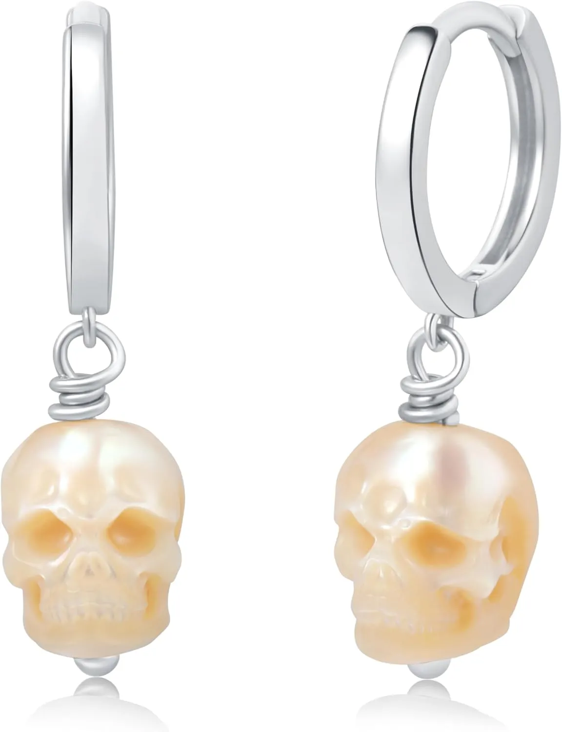 925 Sterling Silver Gothic Skull Pearl Huggie Earrings  Hand-Carved Baroque Pearls, Minimalist Punk Statement Jewelry for Women & Men