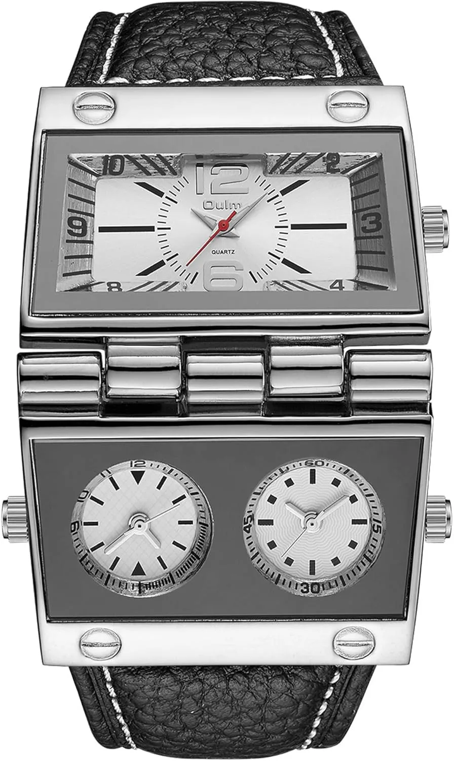 9525 Mens Watch Analog Black Leather Strap 3 Sub-dials