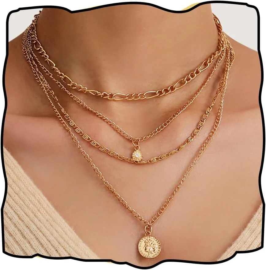 Abien Gold Layered Necklace Coin Pendant Necklace Chain Boho Sun Choker for Women