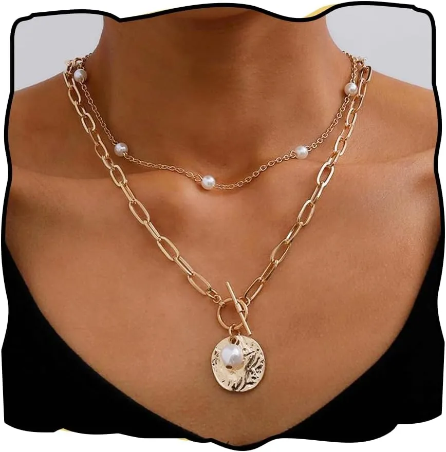 Abien Layered Necklace for Women Gold Coin Pendant Necklace Chain Boho Pearl Neckalce Choker