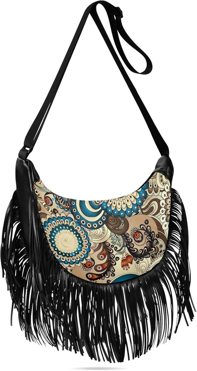 Abstract Doodle Colored Floral Fringe Bag for Women Cross Body Bag Tassel Shoulder Bag Satchel
