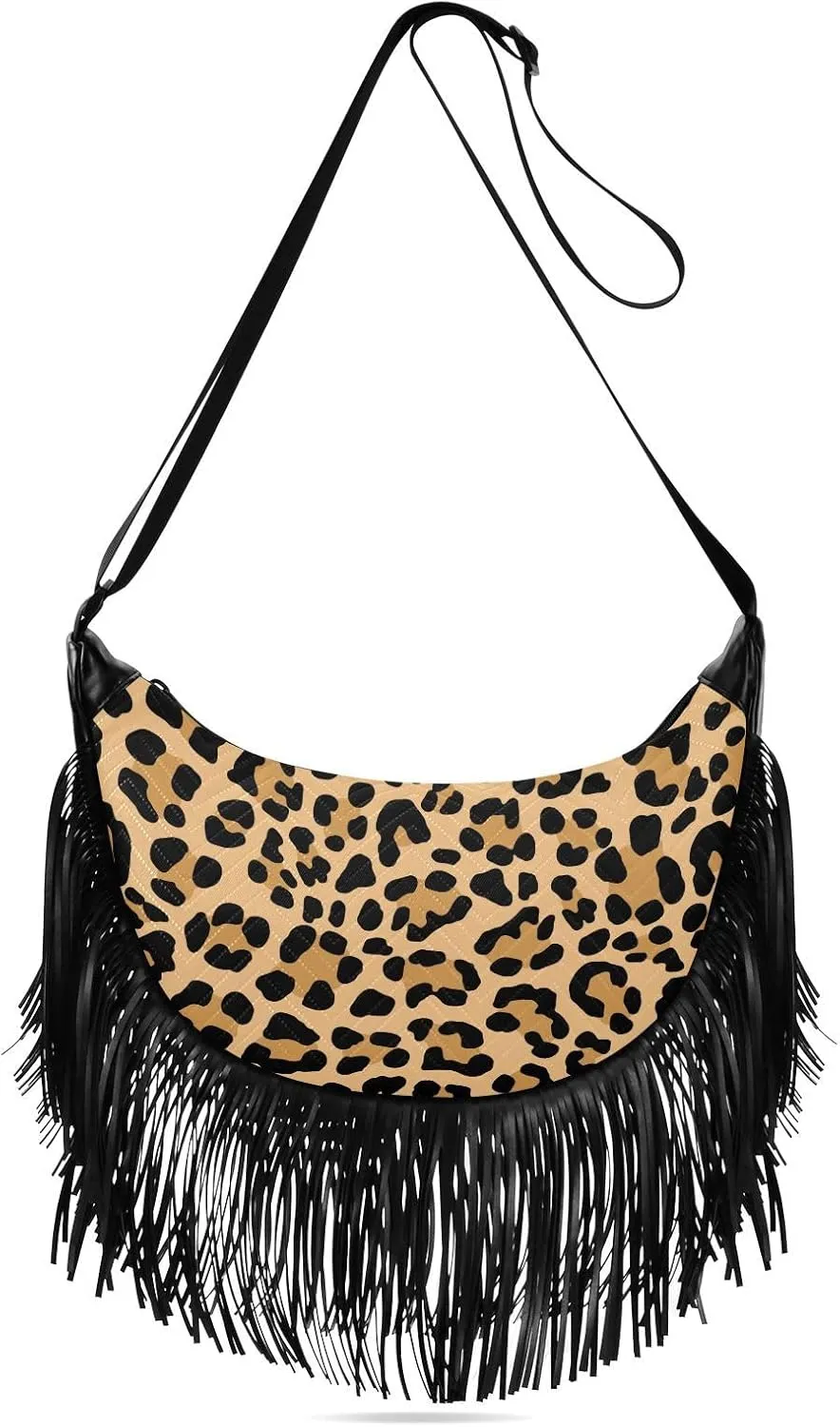 Abstract Leopard Skin Fringe Bag for Women Cross Body Bag Tassel Shoulder Bag Satchel