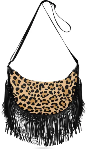 Abstract Leopard Skin Fringe Bag for Women Cross Body Bag Tassel Shoulder Bag Satchel