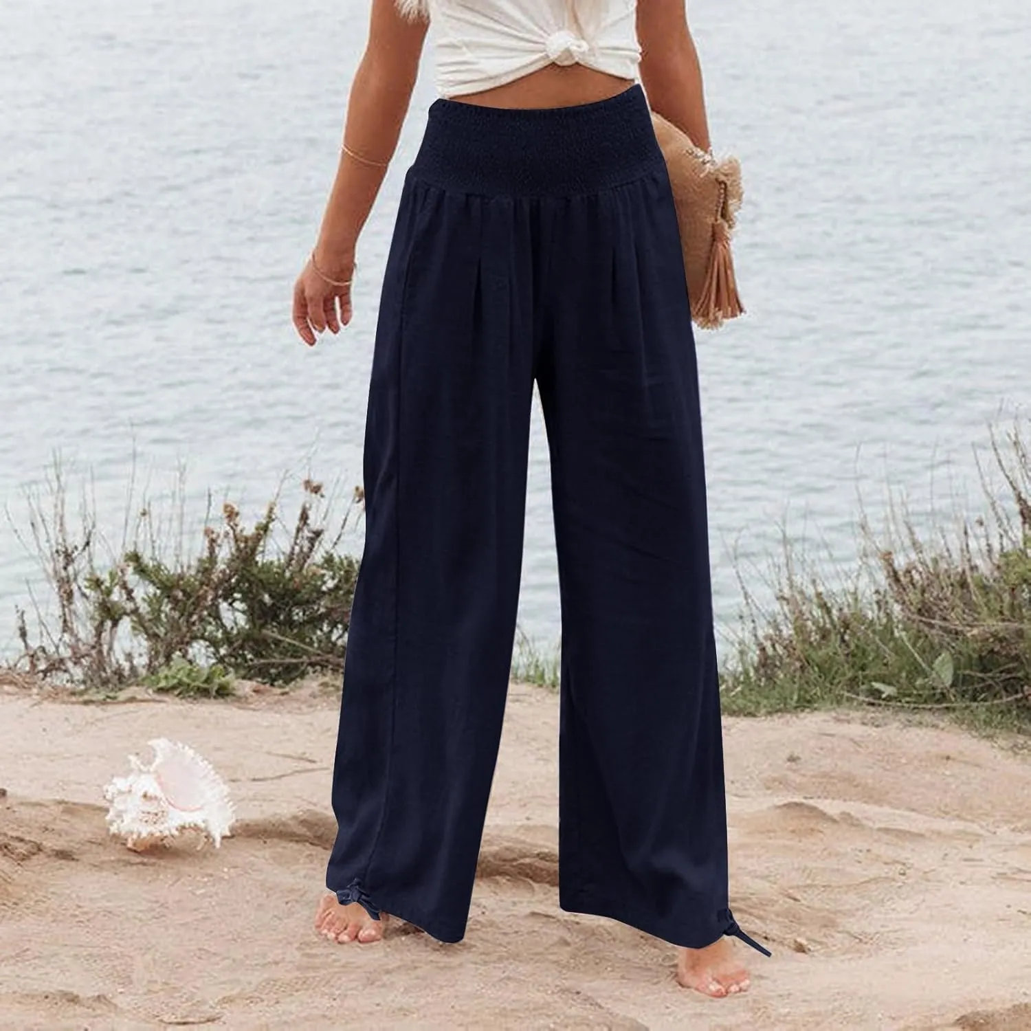 ADHOWBEW Linen Pants Womens Trendy Relaxed Fit Spring 2025 Comfy Work Dressy Elastic Waist Flowy Vacation Casual Trousers