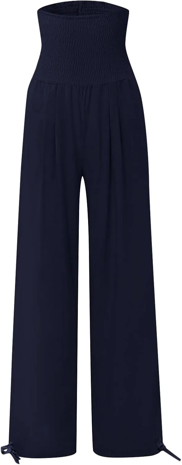 ADHOWBEW Linen Pants Womens Trendy Relaxed Fit Spring 2025 Comfy Work Dressy Elastic Waist Flowy Vacation Casual Trousers