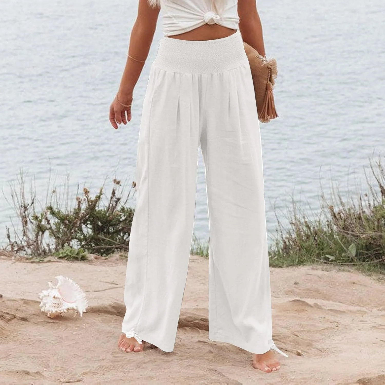 ADHOWBEW Linen Pants Womens Trendy Relaxed Fit Spring 2025 Comfy Work Dressy Elastic Waist Flowy Vacation Casual Trousers
