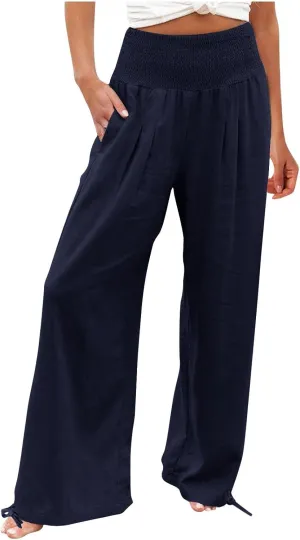 ADHOWBEW Linen Pants Womens Trendy Relaxed Fit Spring 2025 Comfy Work Dressy Elastic Waist Flowy Vacation Casual Trousers