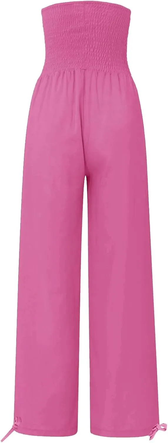 ADHOWBEW Linen Pants Womens Trendy Relaxed Fit Spring 2025 Comfy Work Dressy Elastic Waist Flowy Vacation Casual Trousers