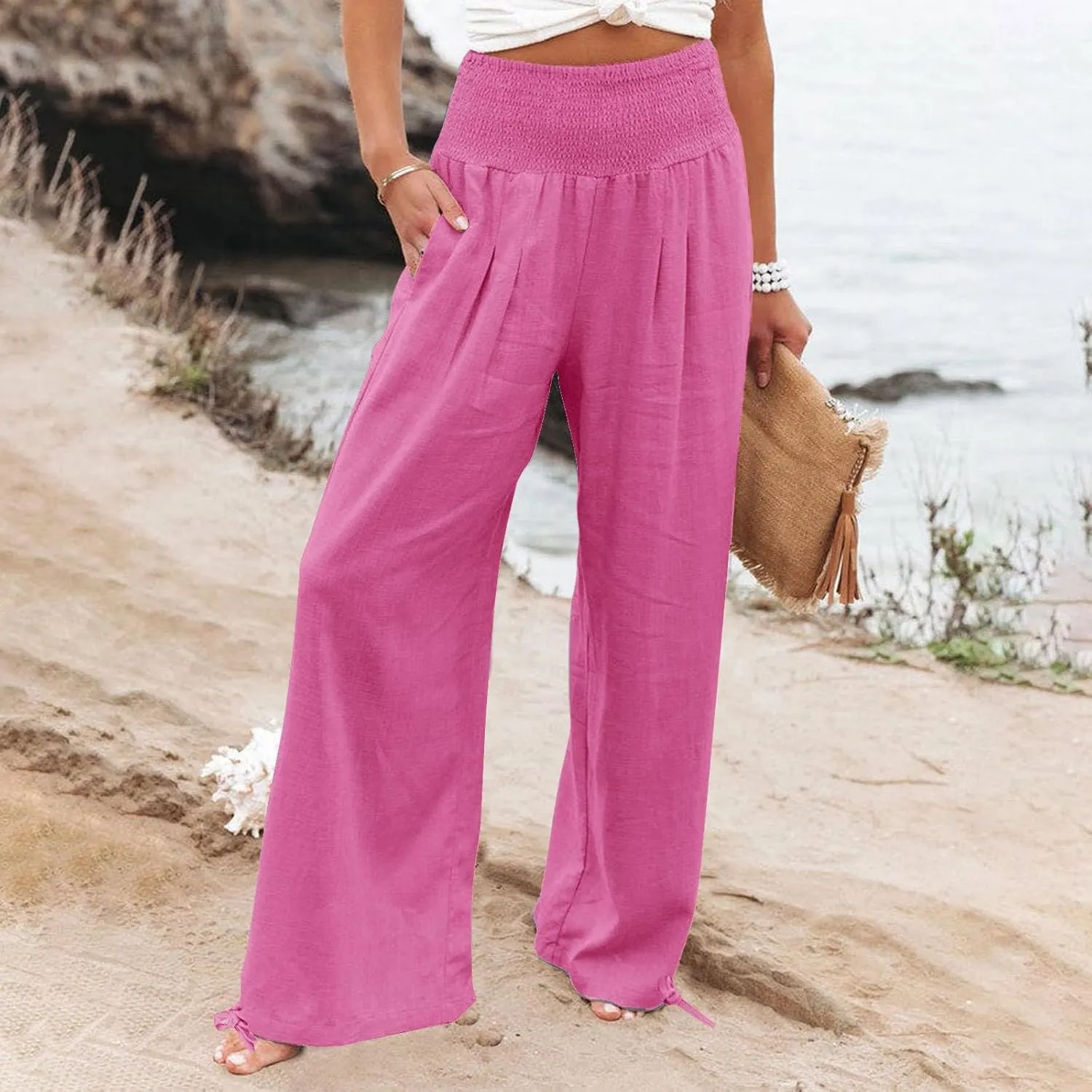 ADHOWBEW Linen Pants Womens Trendy Relaxed Fit Spring 2025 Comfy Work Dressy Elastic Waist Flowy Vacation Casual Trousers