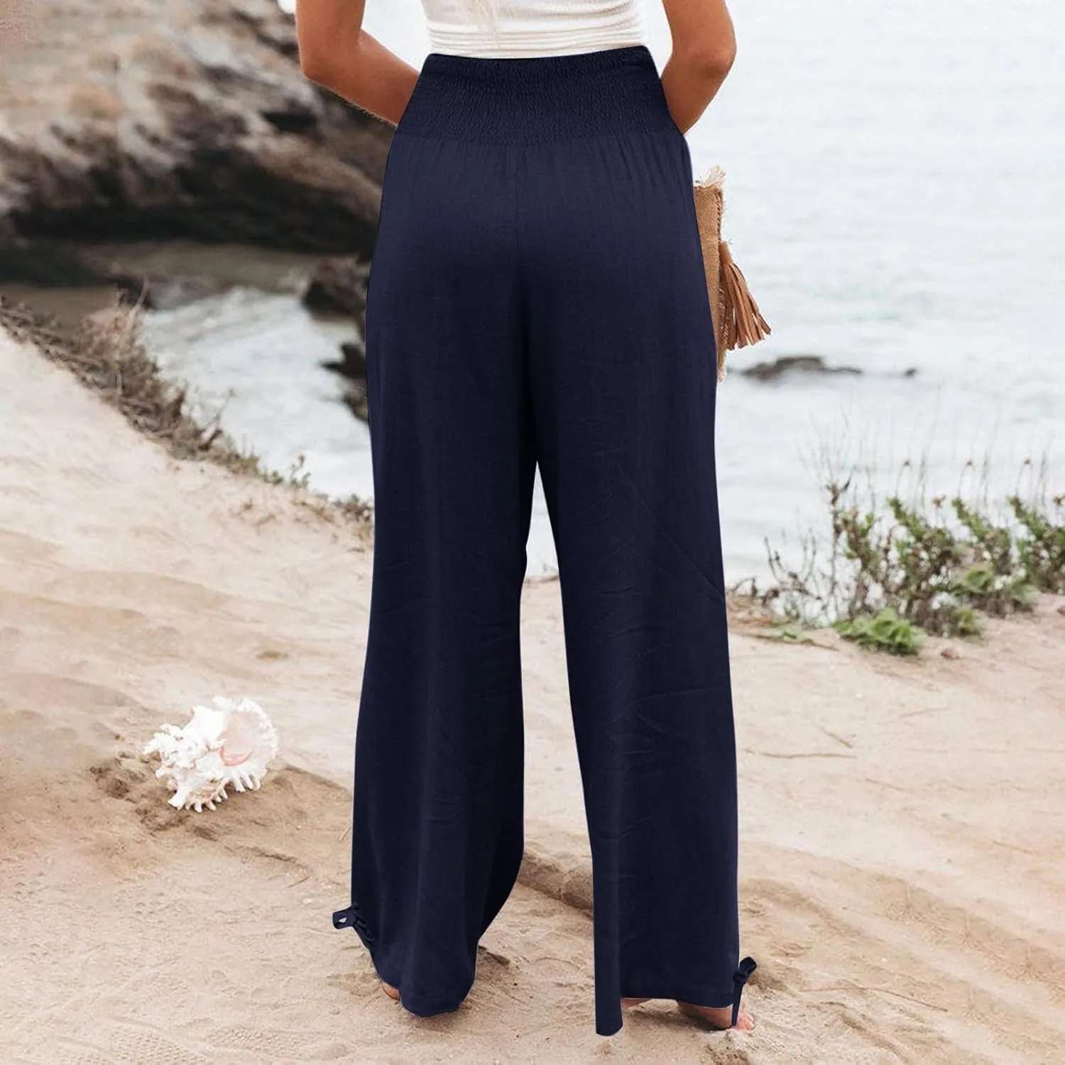 ADHOWBEW Linen Pants Womens Trendy Relaxed Fit Spring 2025 Comfy Work Dressy Elastic Waist Flowy Vacation Casual Trousers