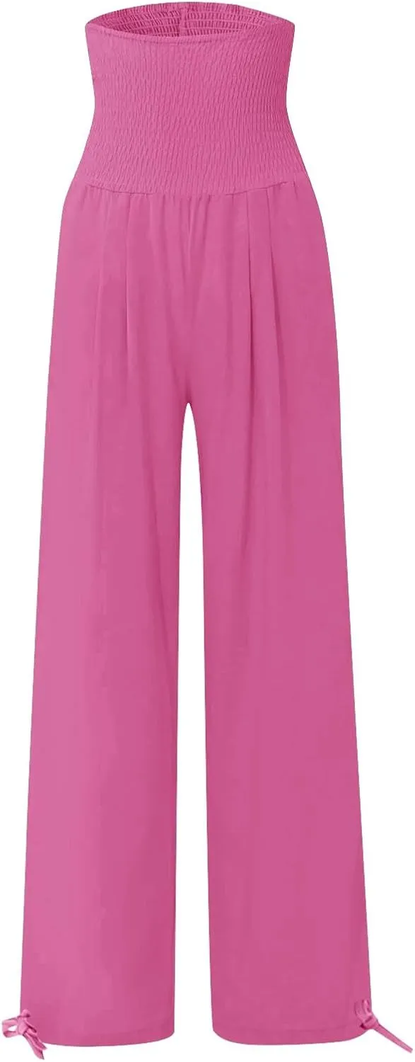 ADHOWBEW Linen Pants Womens Trendy Relaxed Fit Spring 2025 Comfy Work Dressy Elastic Waist Flowy Vacation Casual Trousers