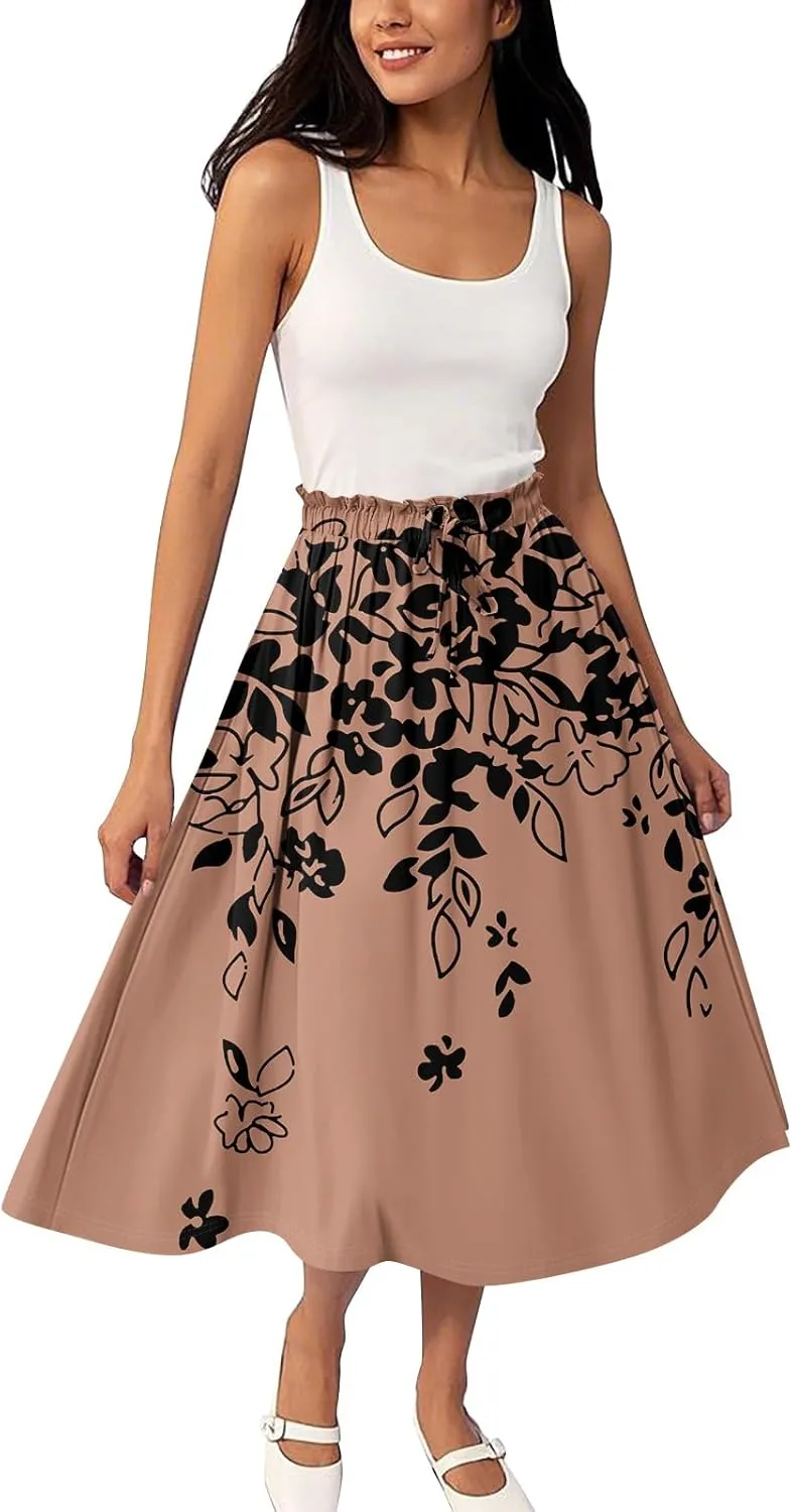 ADHOWBEW Midi Skirts for Women Plus Size High Waisted Beach Trendy Flowy Ruffle Midi Length Casual Cute A Line Summer Skirts
