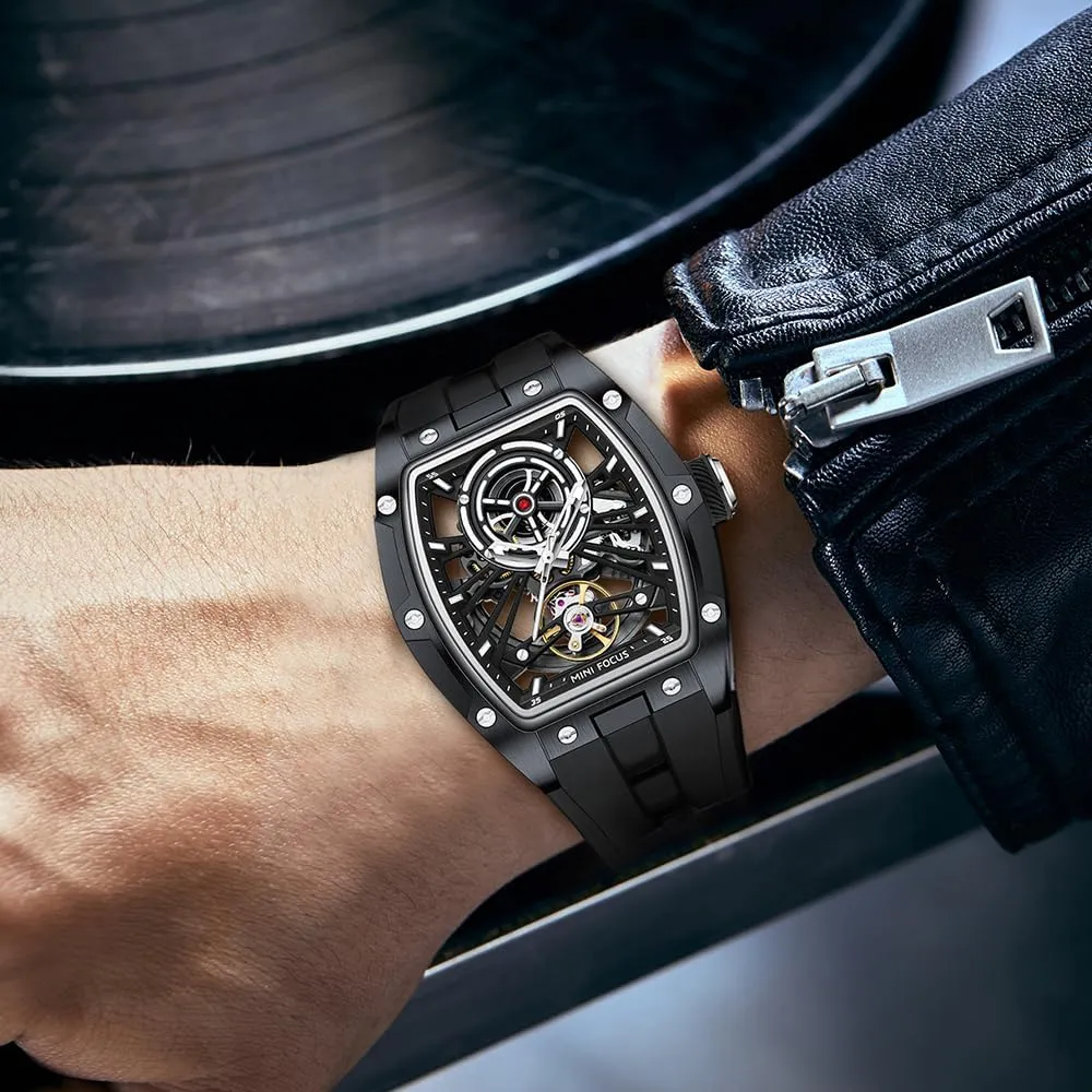 AIMES Men Automatic Watch Tonneau Luxury Skeleton Watches for Men Automatic Mechanical Winding Waterproof Analogue Watches Mens Unique Cool Square Big Face Dial Wristwatch with Silicone Strap Band