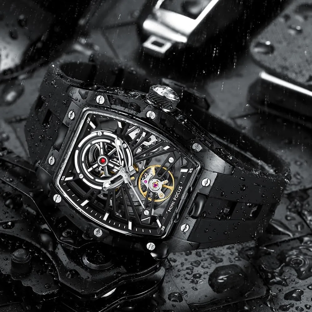 AIMES Men Automatic Watch Tonneau Luxury Skeleton Watches for Men Automatic Mechanical Winding Waterproof Analogue Watches Mens Unique Cool Square Big Face Dial Wristwatch with Silicone Strap Band