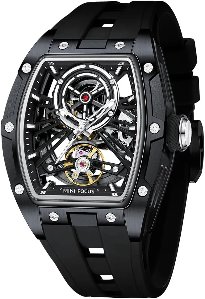 AIMES Men Automatic Watch Tonneau Luxury Skeleton Watches for Men Automatic Mechanical Winding Waterproof Analogue Watches Mens Unique Cool Square Big Face Dial Wristwatch with Silicone Strap Band