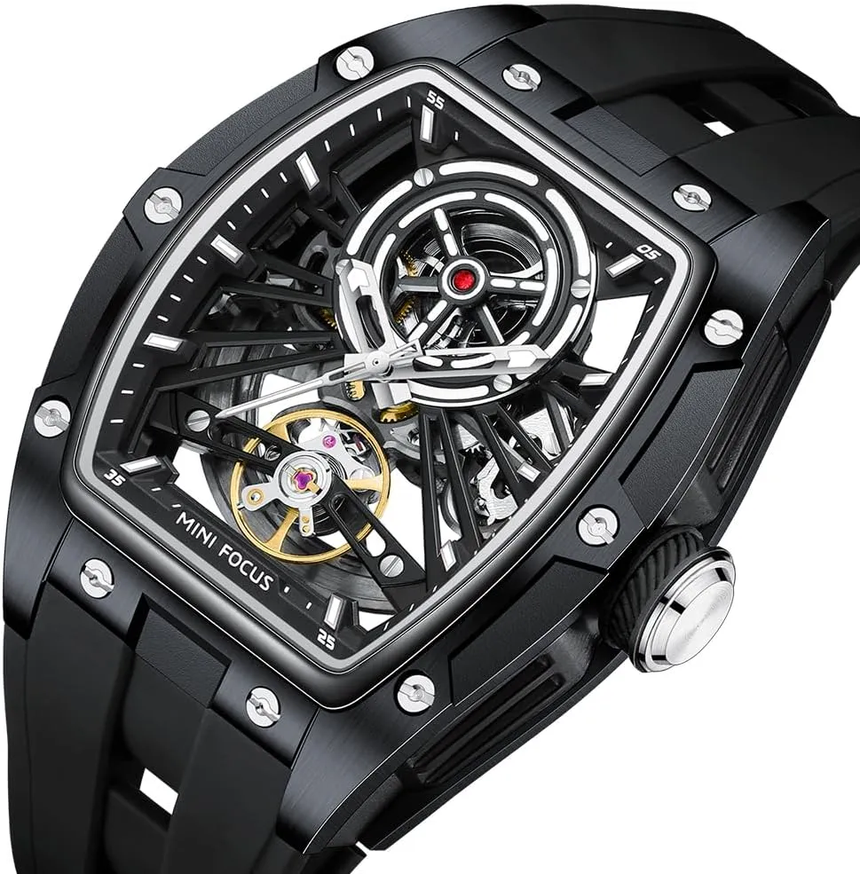 AIMES Men Automatic Watch Tonneau Luxury Skeleton Watches for Men Automatic Mechanical Winding Waterproof Analogue Watches Mens Unique Cool Square Big Face Dial Wristwatch with Silicone Strap Band