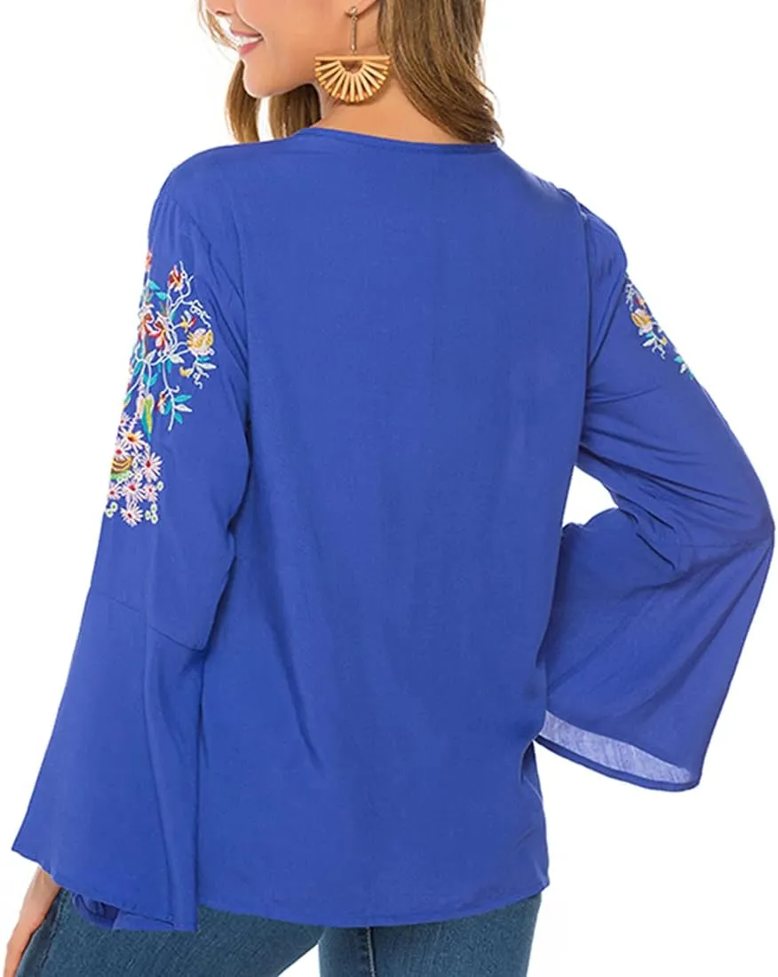 AK Women's Summer Casual Tops Boho Embroidery Mexican Bohemian Tops Shirt Tunic Blouses