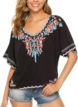 AK Women's Summer Casual Tops Boho Embroidery Mexican Bohemian Tops Shirt Tunic Blouses