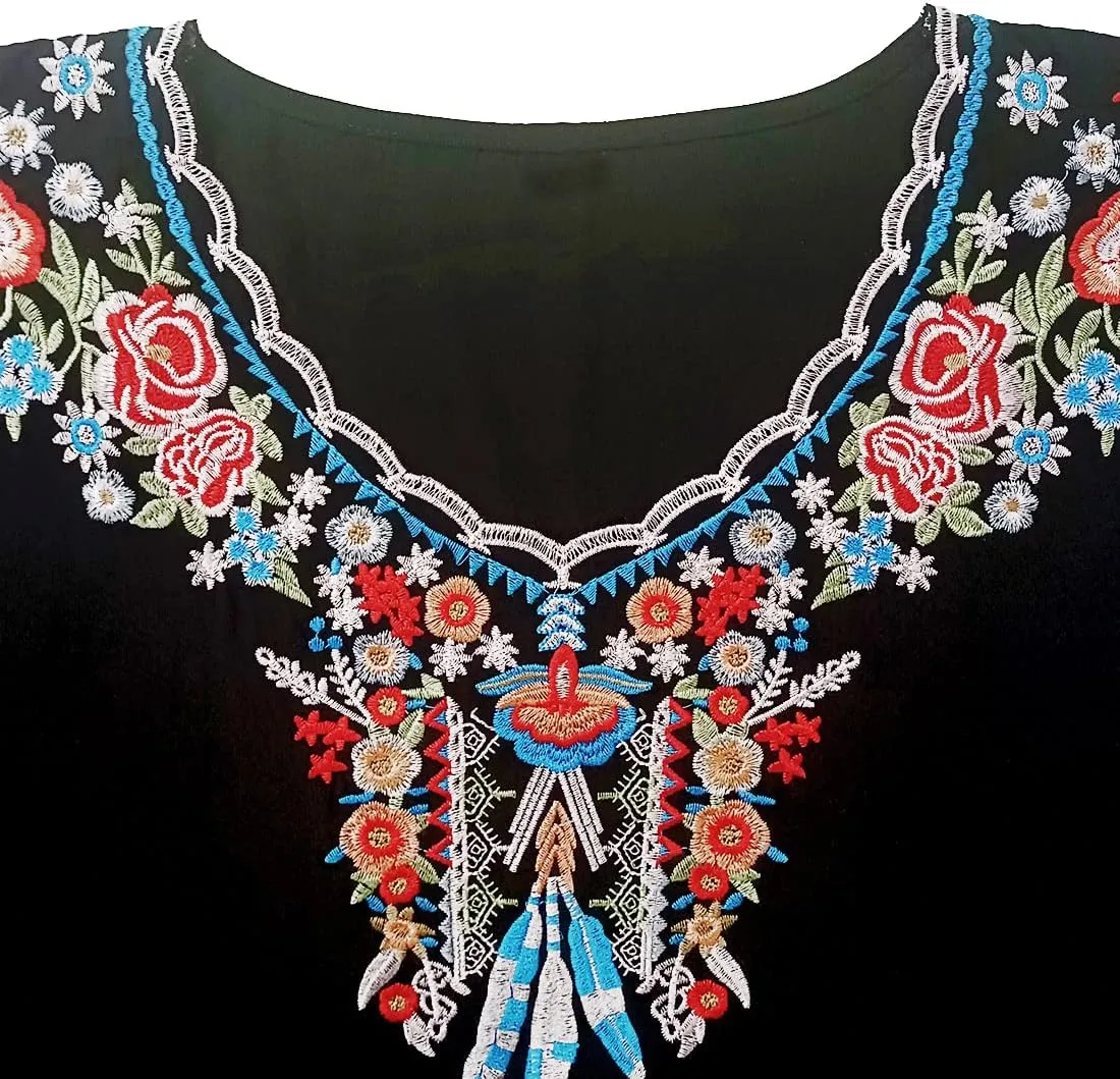 AK Women's Summer Casual Tops Boho Embroidery Mexican Bohemian Tops Shirt Tunic Blouses